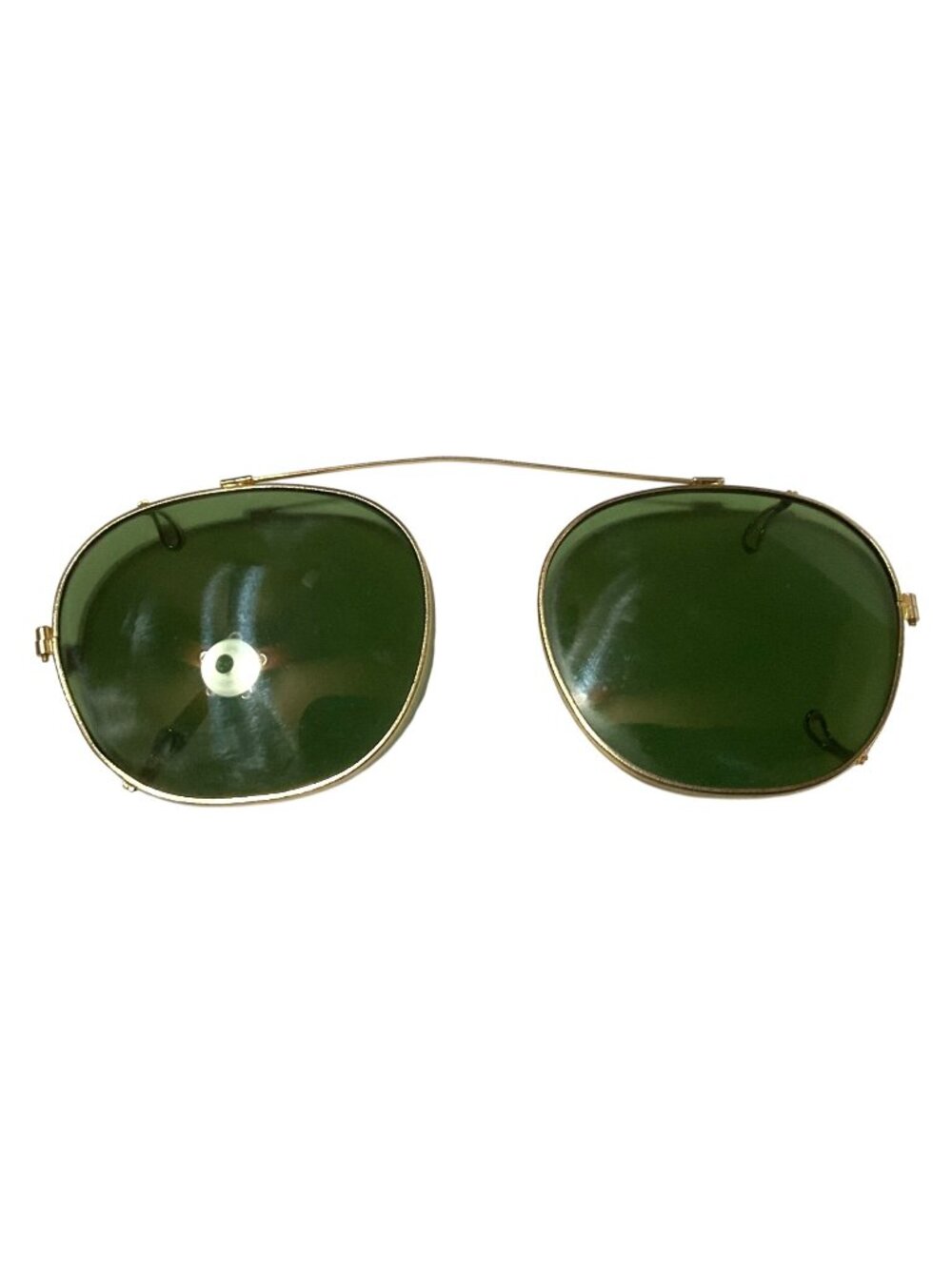 Vintage Oval Green Clip-On Sunglasses With Gold Wire Frame & Blue Velvet Case